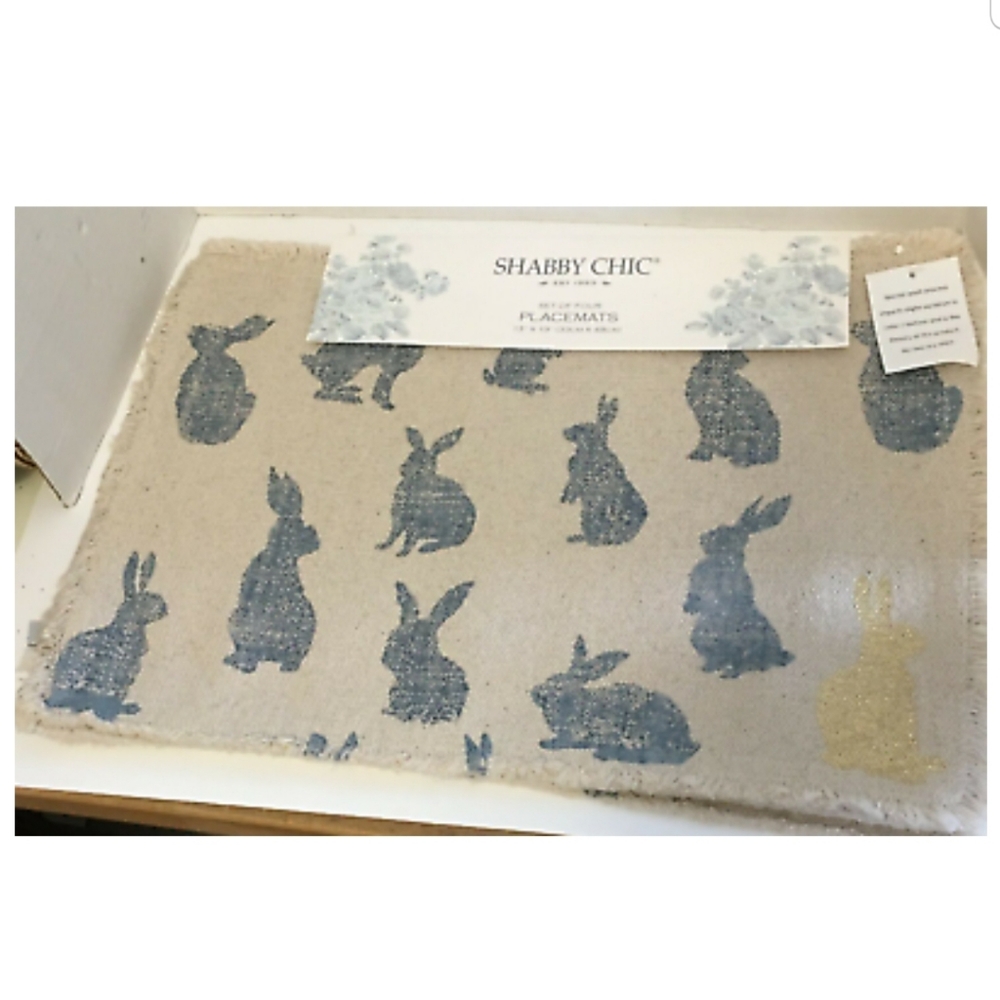 EASTER 4 SHABBY CHIC Easter Placemats Beige w/Blue Bunnies 1 GOLD 13"x19 NWT